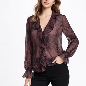 Ted Baker London Size 2 US 6 Sheer Coryiah Print Ruffle Blouse Long Sleeve